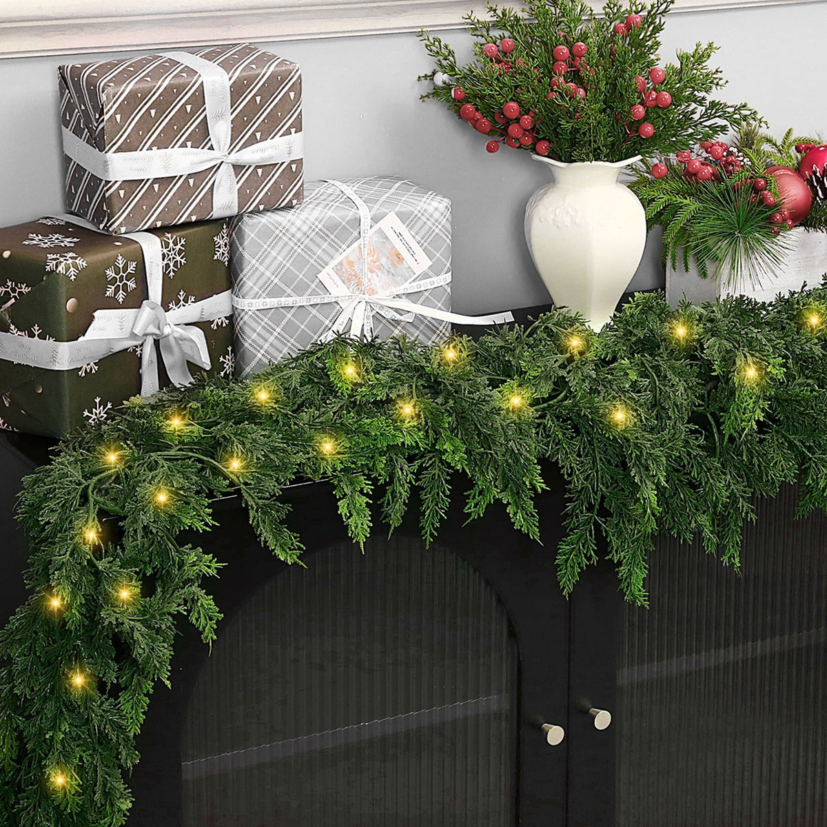 9ft Artificial Cedar Garland with Lights, Norfolk Pine Christmas Garland for Holiday Winter Mantle, Wall, Fireplace, Staircase Indoor Outdoor Decor