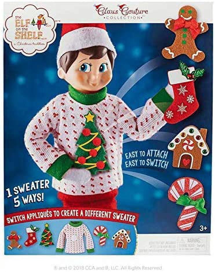 Elf On The Shelf Boy with Customizable Christmas Sweater Set - Blue Eyed Boy Elf w Book, Sweater, and Five Festive Holiday Outfit Decorations