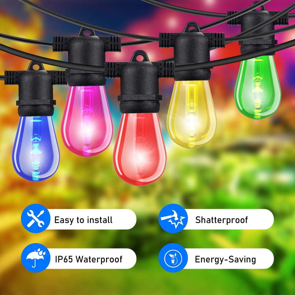 VOLIVO Outdoor String Lights, 48ft RGBIC Patio Lights with 20 Bulbs, Waterproof Shatterproof, Remote & App Control, for Garden Christmas Decor