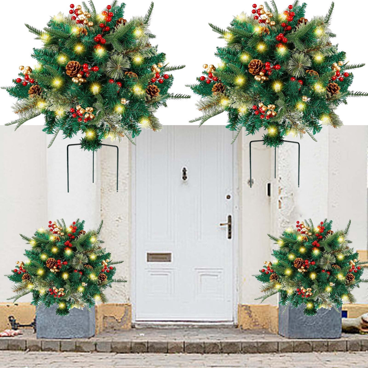  2 Pack Lighted Artificial Christmas Urn Filler, Battery Operated Pre-lit Xmas Pine Trees, Tripod Stake and 20 LED Lights, Holiday Porch Decorations for Porch, Yard, Garden(B)