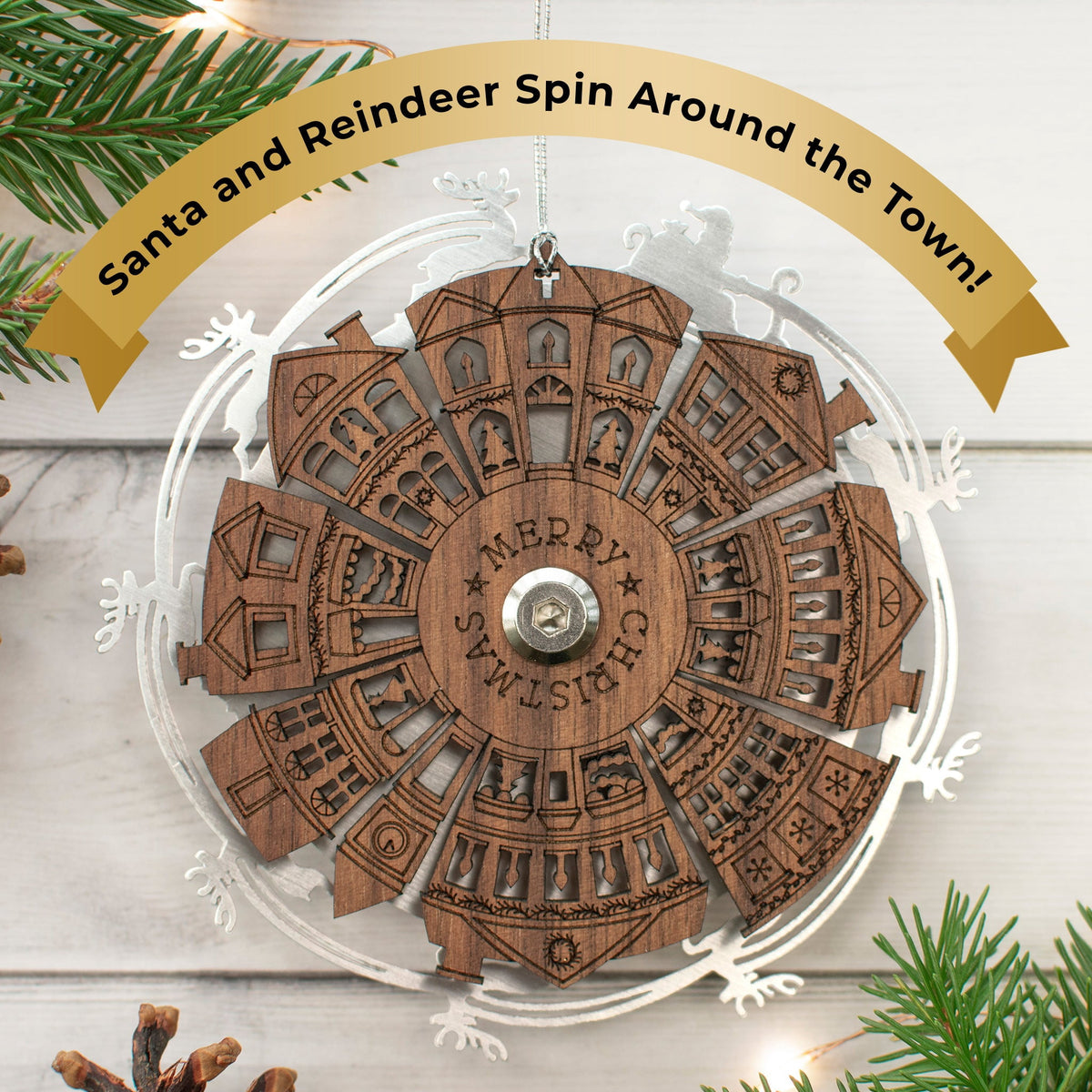 Inspired Indigo Handmade Ornaments for Christmas Tree with Motion, Santa and Reindeer Spin Around Town, Winter Holiday Hanging Decor, Wood and Metal, Unique Magical Gift, Fun for Kids and Grandkids