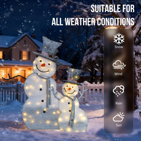 2-Pack Lighted Snowman Christmas Decorations, 80 Warm White LEDs, Sparkling Tinsel Fabric, Collapsible for Indoor or Outdoor Use