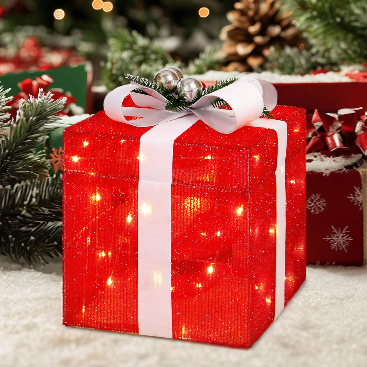 Zimtown LED Christmas Ornament Decor,Lighted Outdoor Holiday Gift Box,Opens and Closes Automatically for Indoor Outdoor Holiday,Red