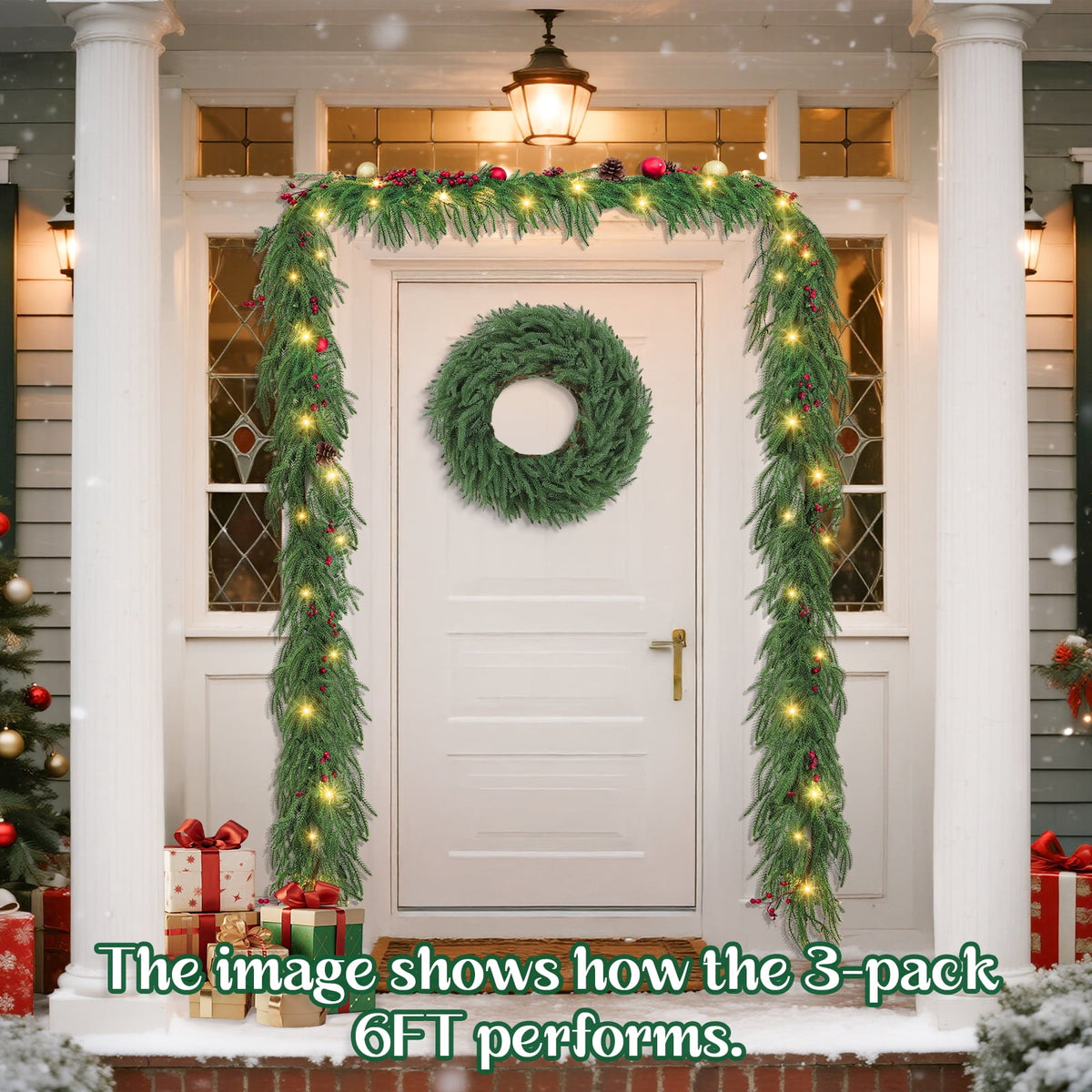 9 ft Artificial Norfolk Pine Garland with LED Lights, Dense Faux Greenery Garland for Holiday Mantle, Table, Wall, Indoor Outdoor Decor