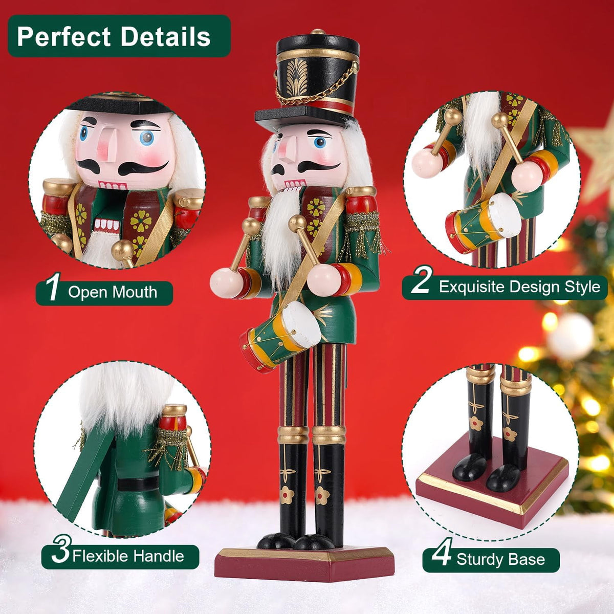 TJT 3Pcs Nutcracker Decorations Set, Wooden Nutcracker Soldier Christmas Ornaments Collectible Xmas Figures Decor Gift Indoor, 12 inch, Green Red