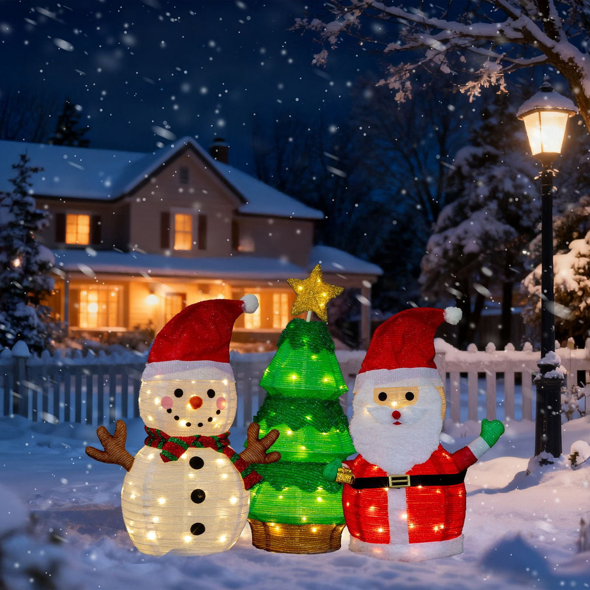 Set of 3 Lighted Santa and Snowman and Xmas Tree Christmas Decorations, Pre-lit Pull Up Holiday Decor with 150 Warm White LED Lights for Xmas Outdoor Indoor Decor Lighted Holiday Displays