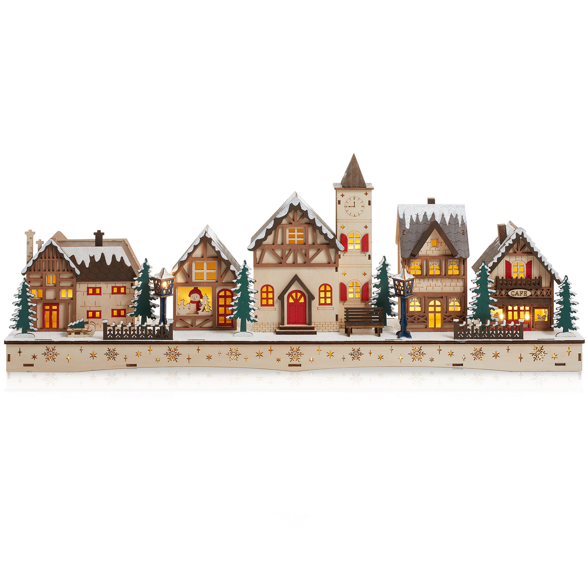 Pre-Lit Wooden Christmas Village - Miniature LED Holiday Decoration