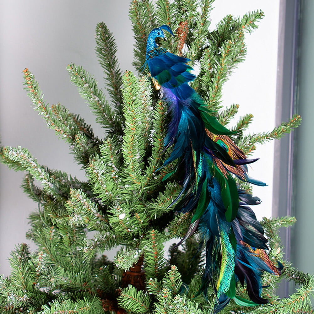 TOPCHANCES Glitter Peacock Ornaments with Clips, 19" Blue Christmas Tree Decoration Xmas Ornament Home Party Decor (8 Pack)