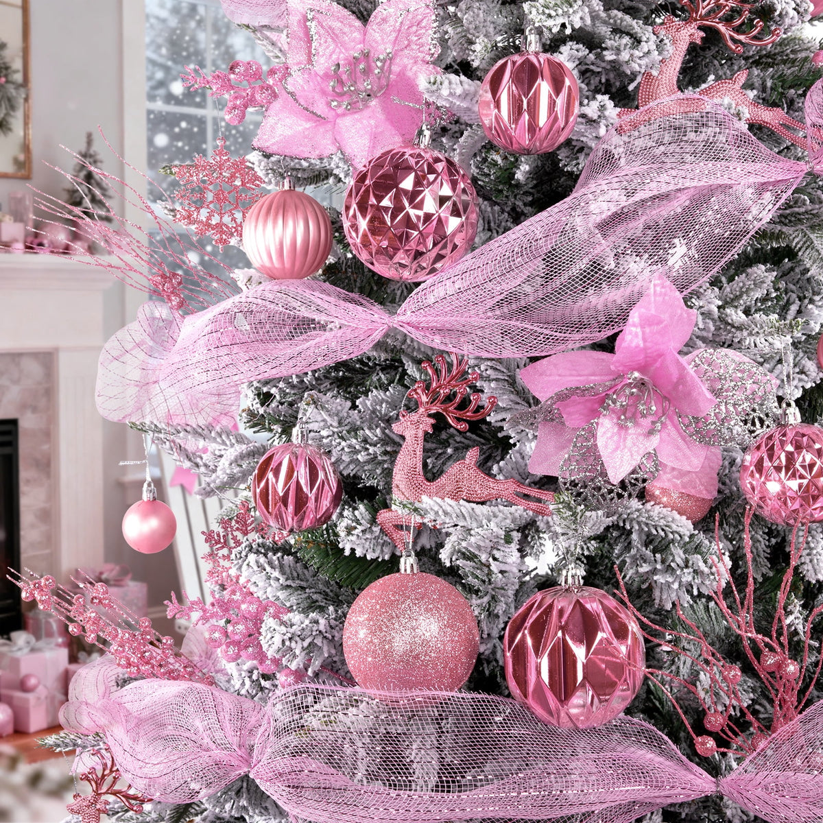 Leyaron Christmas Tree Ornaments, 105PCS Christmas Balls Set with Star Poinsettia Flower Berries Stems for Trees Holiday Xmas Decor, Pink