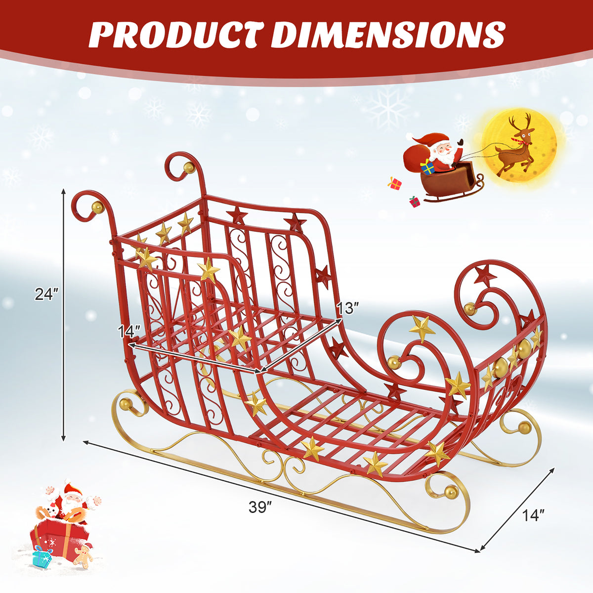 Gymax Christmas Metal Sleigh Large Red Santa Sleigh Decoration w/ Big Loading Area for Gifts