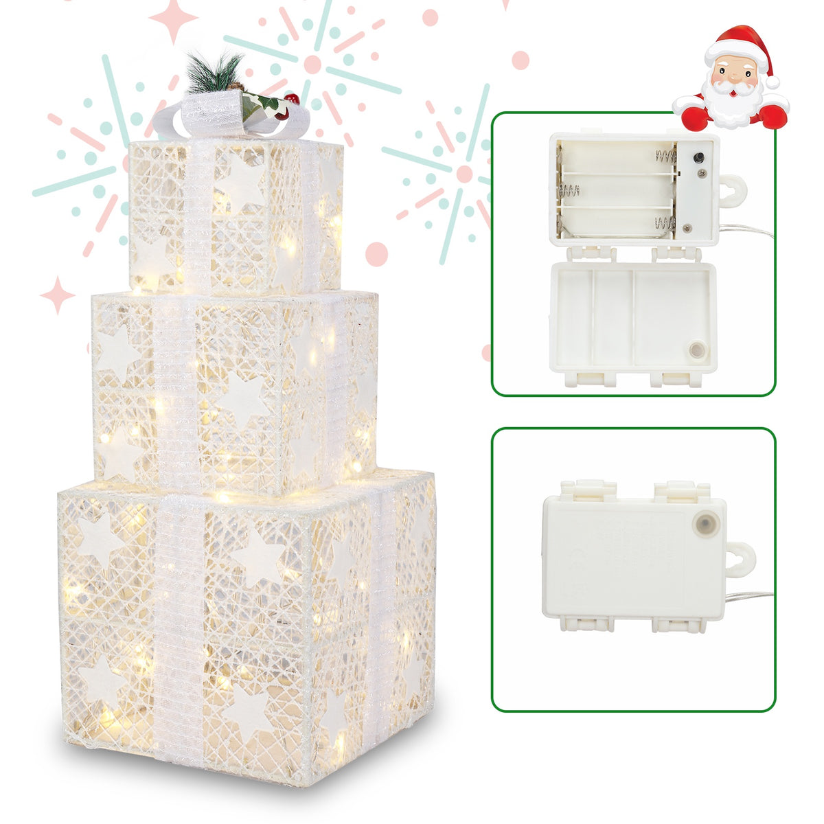 Set of 3 Christmas Lighted Gift Boxes Decorations, Seizeen Indoor Outdoor Xmas Decor with 60 Warm LED Lights, Home Room Garden Christmas Tree Decoration