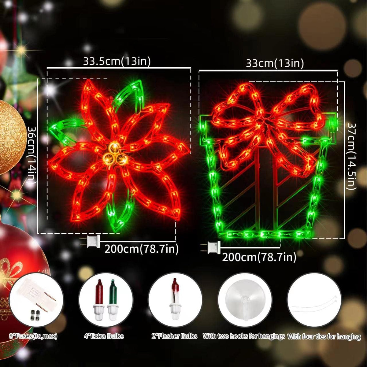2PACK Lighted Poinsettia Flower and Xmas Gift Christmas Window Silhouette Decoration Lights for Christmas,Party,Home,Patio Lawn,Garden
