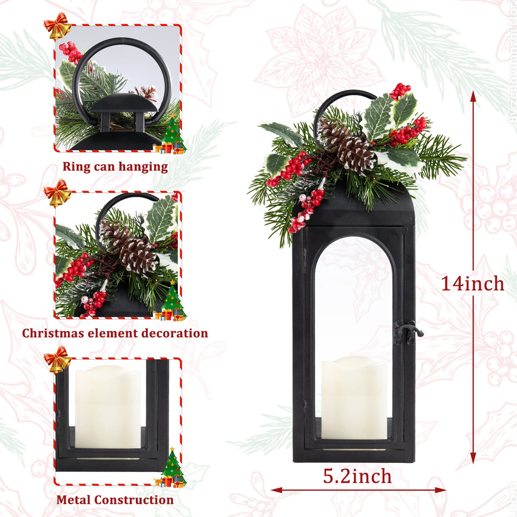 Christmas Decorative Lantern with LED Flameless Candle & Holiday Greenery,Black Metal Lantern with LED Candle Lit Decorations,Christmas Decor