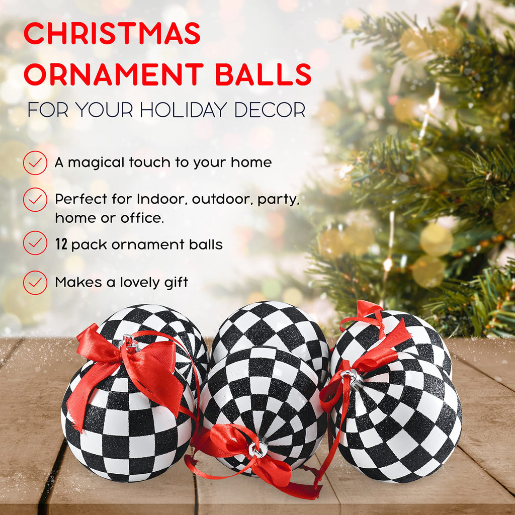 Ornativity Black and White Ornaments - Glittered Black and White Checkered Ball Ornament with Red Bow and String Christmas Tree Decoration Set - Pack of 12