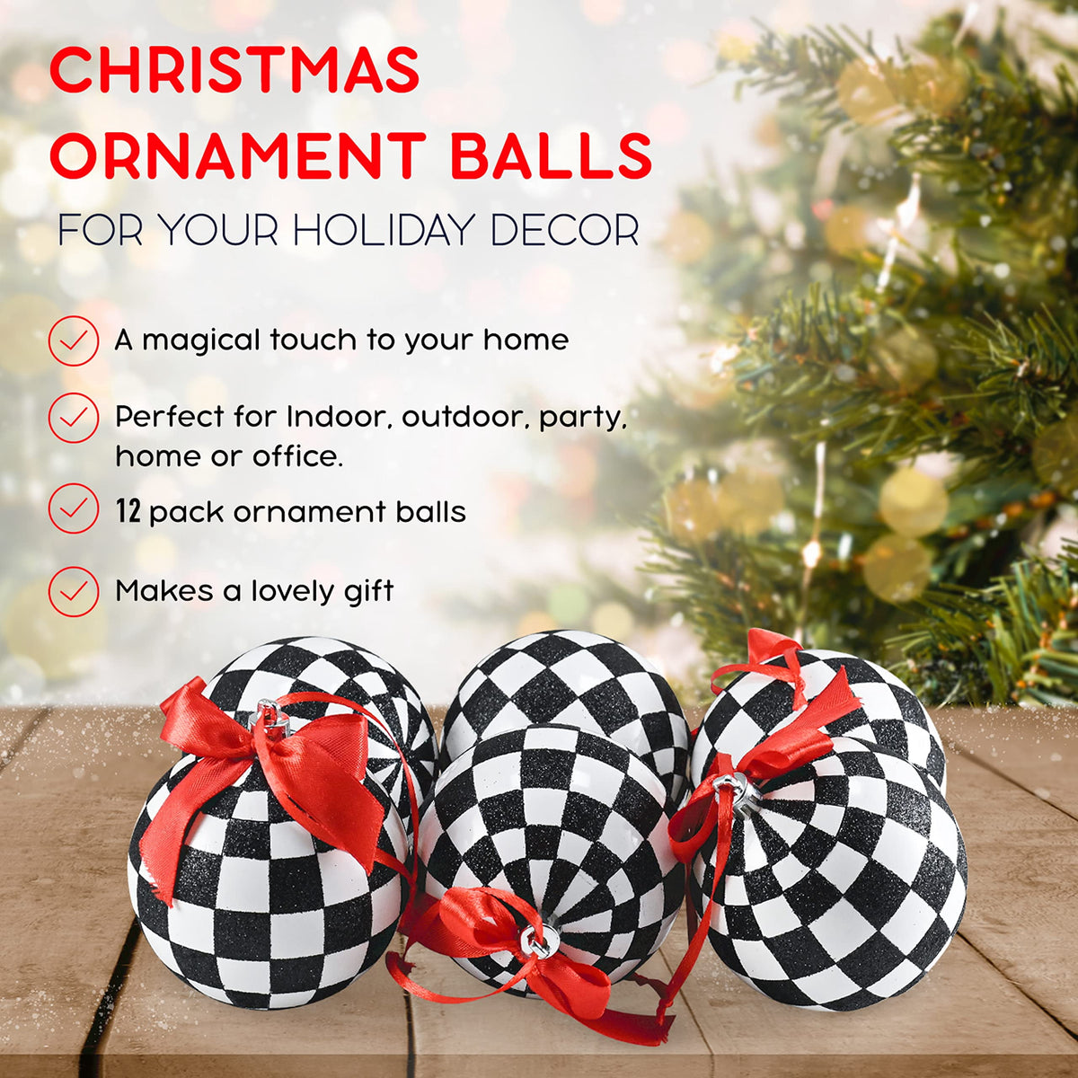 Ornativity Black and White Ornaments - Glittered Black and White Checkered Ball Ornament with Red Bow and String Christmas Tree Decoration Set - Pack of 12