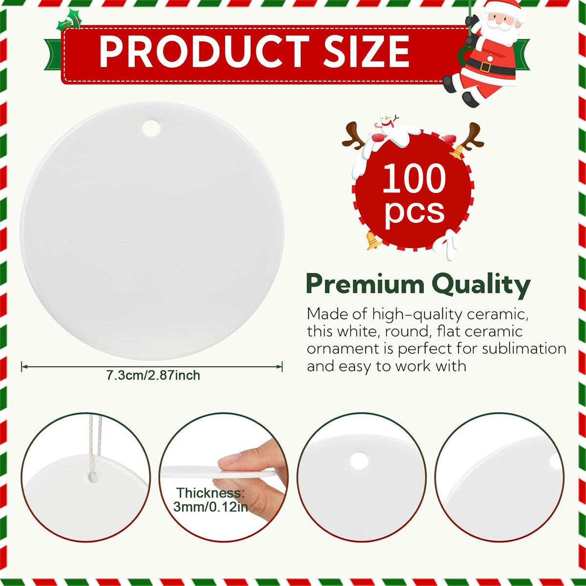 AGH 100 Pack Sublimation Ornament Blanks 3" Ceramic Two-Sided Printed Sublimation Christmas Ornaments Bulk Round White Ornaments for Personalized Xmas Tree Ornament Home Decor Heat Transfer DIY Craft