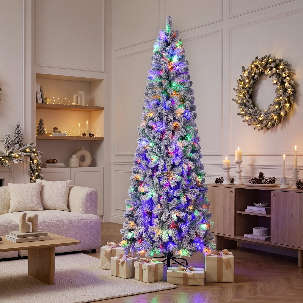 FUNDAZE 6FT Pre-Lit Snow Flocked Slim Artificial Christmas Tree, 550 Tips, 200 Dual-Color LED Lights & 11 Modes for Home, Party & Garden