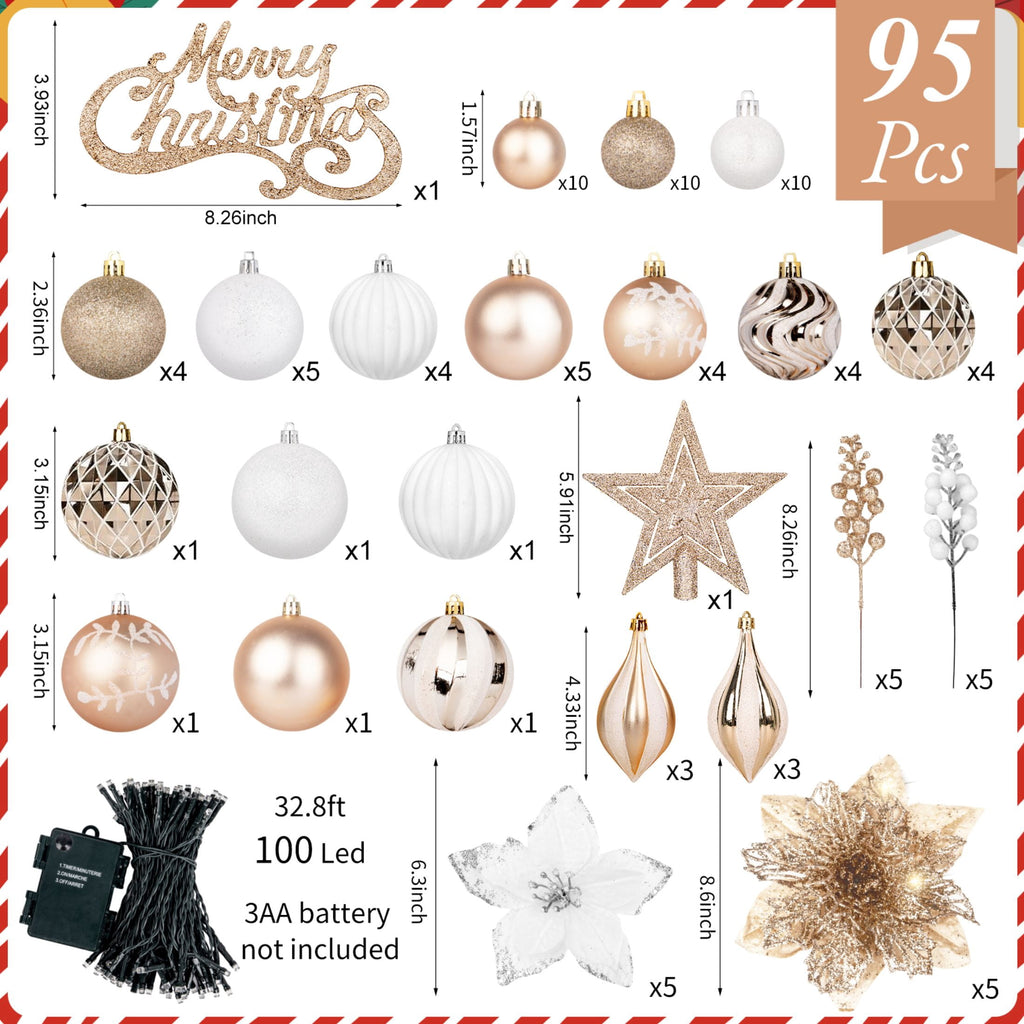  95 Pcs Christmas Tree Ornaments Set, Christmas Poinsettia Flowers Shatterproof Clear Plastic Baubles with Light for Home Holiday Wedding Party Xmas Tree Decor, Champagne