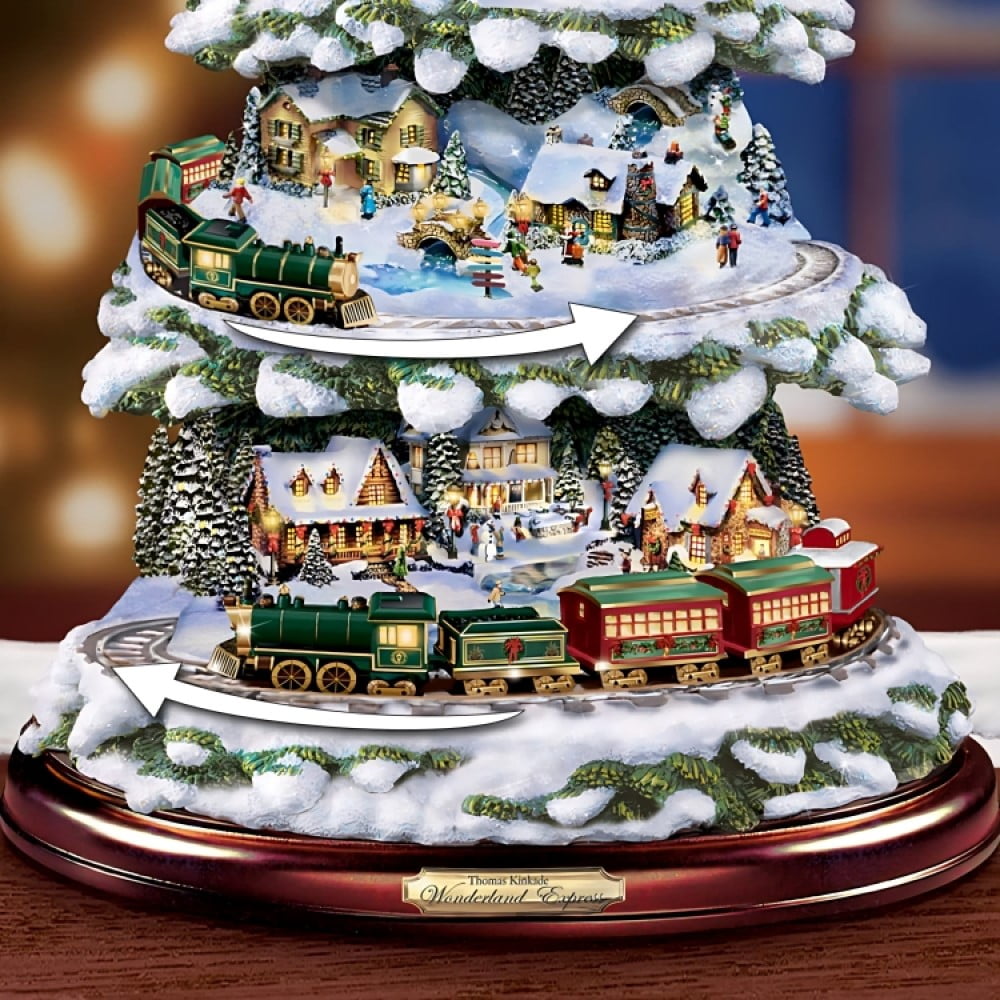 The Bradford Exchange Thomas Kinkade Wonderland Express Christmas Tree Decoration With Santa Sleigh Topper Lights Moving Train and Music With 8 Beloved Xmas Carols 16"-Inches