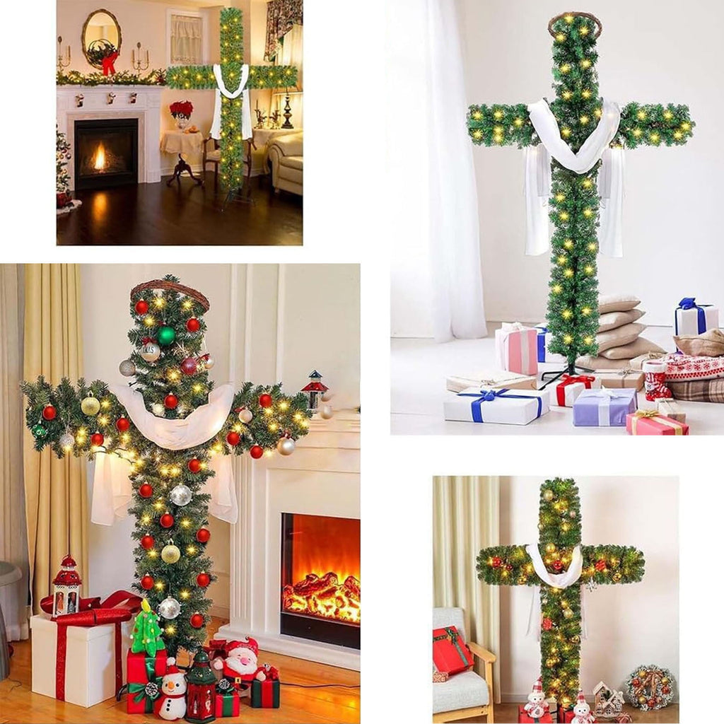  6Ft Cross Christmas Tree,Foldable Cross Christmas Tree,Christmas Tree Shaped Like a Cross,Pre-Lit Artificial Pine Christmas Cross,with 50 LED Light and Silk Scarf Wood Rattan Ring