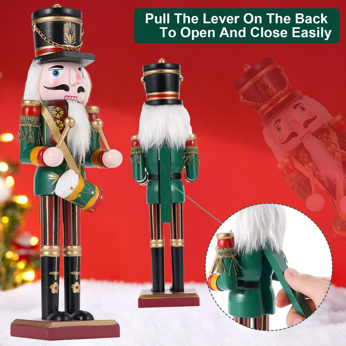 TJT 3Pcs Nutcracker Decorations Set, Wooden Nutcracker Soldier Christmas Ornaments Collectible Xmas Figures Decor Gift Indoor, 12 inch, Green Red