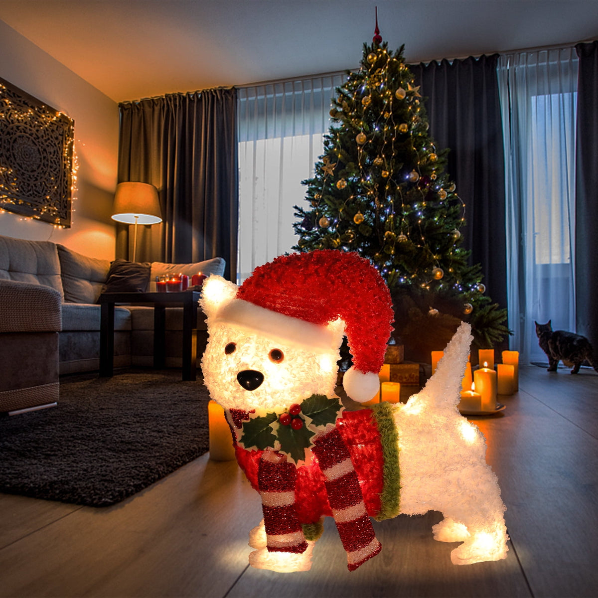 Christmas Outdoor Lighted Holiday Display Tinsel Puppy Dog Yard Decoration�?Pre-lit LED Warm Light,Cute puppy with Christmas Hat,Christmas Decoration for Indoor Outdoor,Holiday Decor