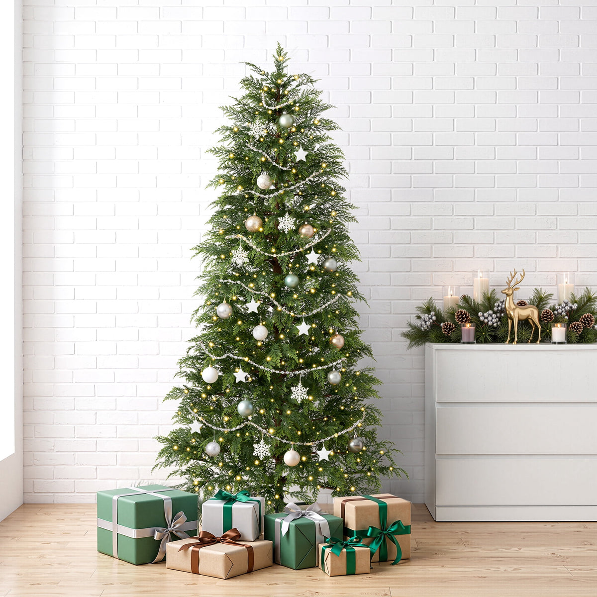  7.5' Pre-Lit Green Cypress Artificial Christmas Tree with 500 Warm White Twinkle LED Lights, Full-Bodied Xmas Tree with Metal Stand, Indoor Holiday Decoration