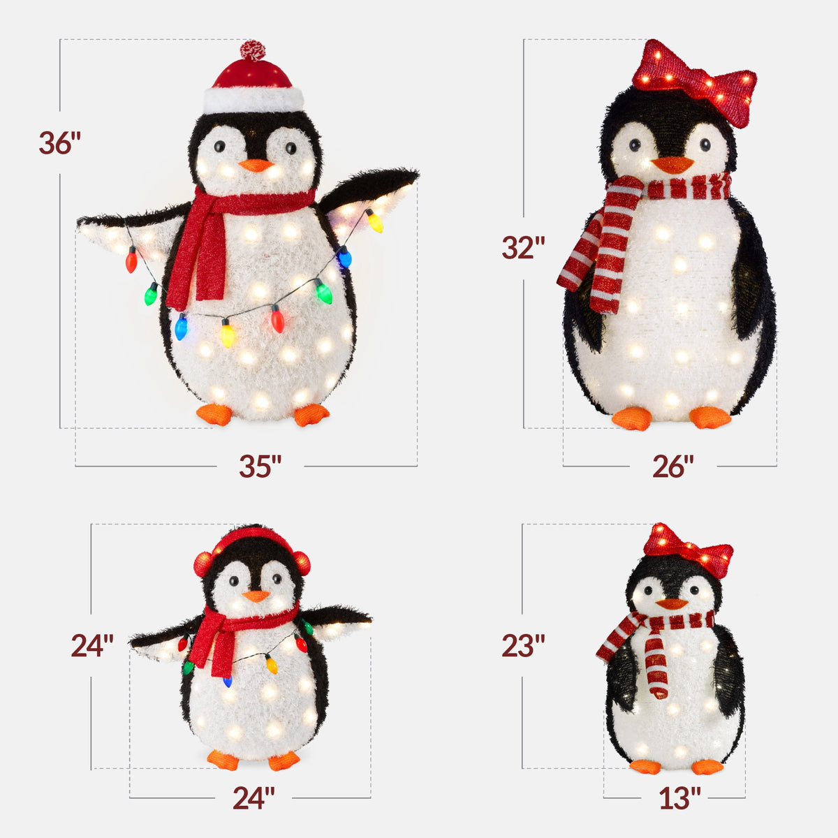  4-Piece Lighted 3ft Pop-Up Penguin Family Outdoor Christmas Decoration w/ 300 LED Lights - Red