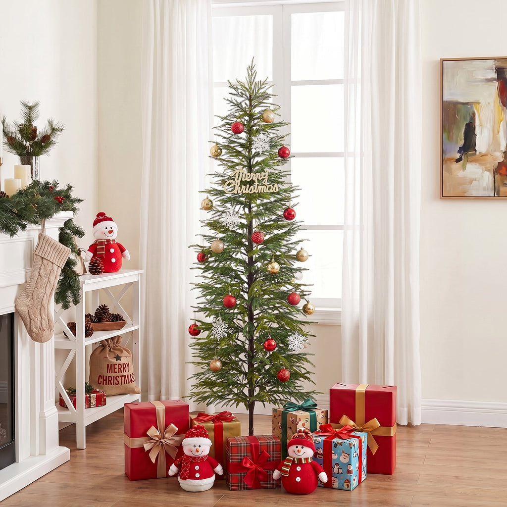  6' Green Cypress Artificial Christmas Tree, Pencil Xmas Tree with Foldable Metal Stand, Easy Assembly Indoor Large Room Holiday Decor