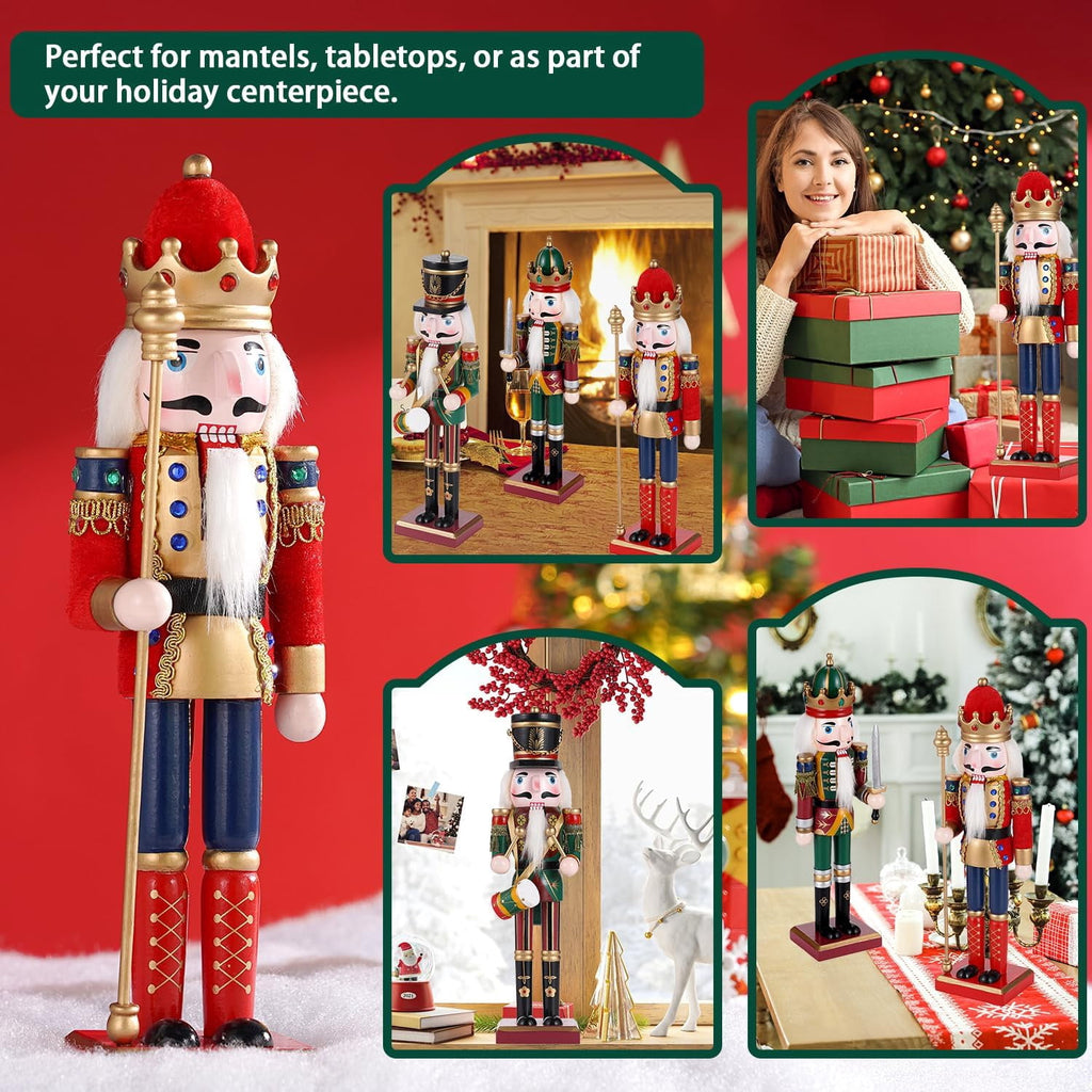 TJT 3Pcs Nutcracker Decorations Set, Wooden Nutcracker Soldier Christmas Ornaments Collectible Xmas Figures Decor Gift Indoor, 12 inch, Green Red