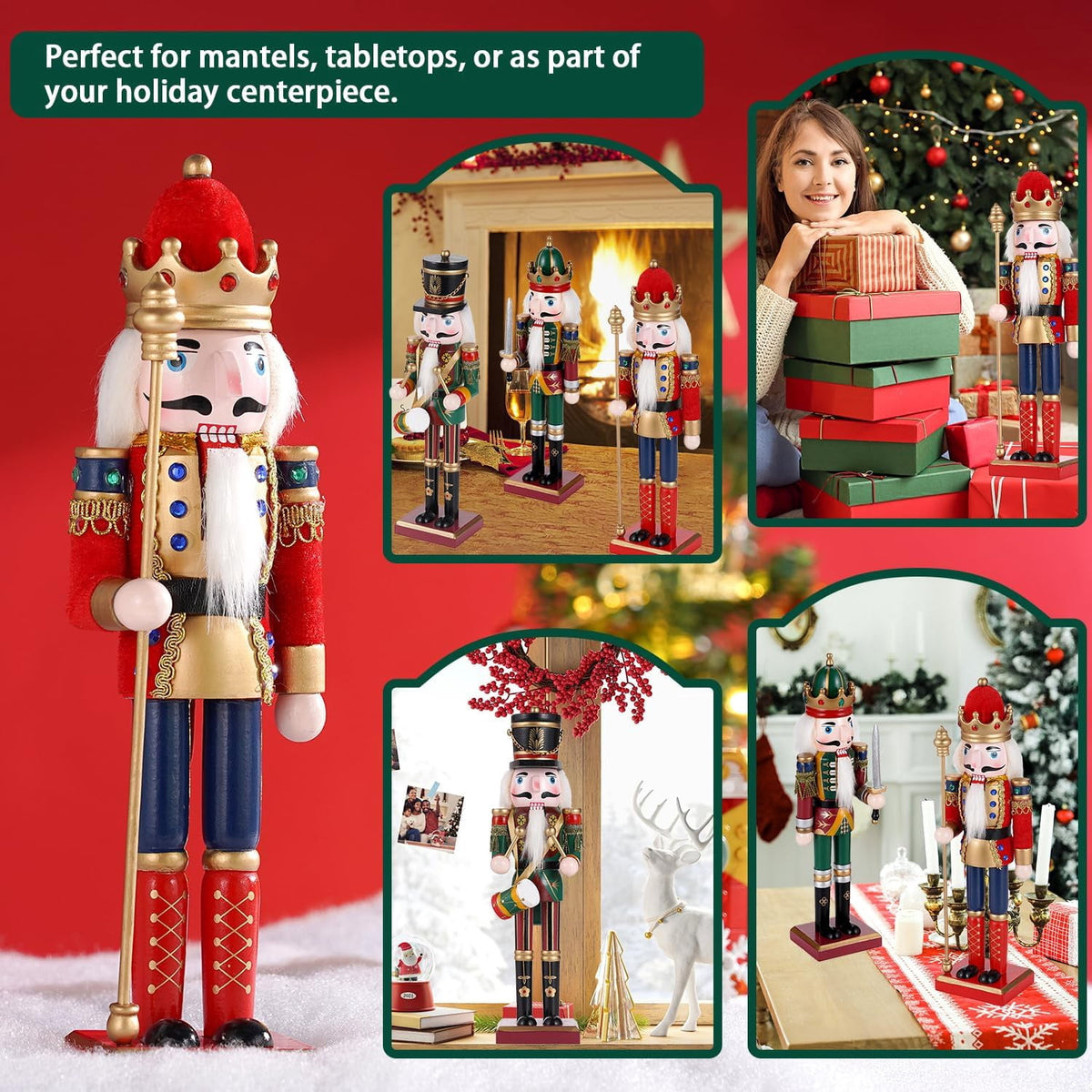 TJT 3Pcs Nutcracker Decorations Set, Wooden Nutcracker Soldier Christmas Ornaments Collectible Xmas Figures Decor Gift Indoor, 12 inch, Green Red