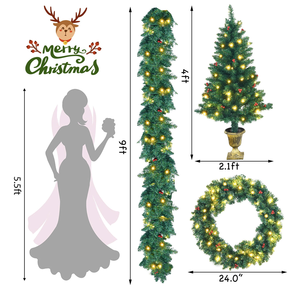 Gymax 4PCS Pre-Lit Artificial Christmas Decoration Set Holiday Decor w/ LED Lights