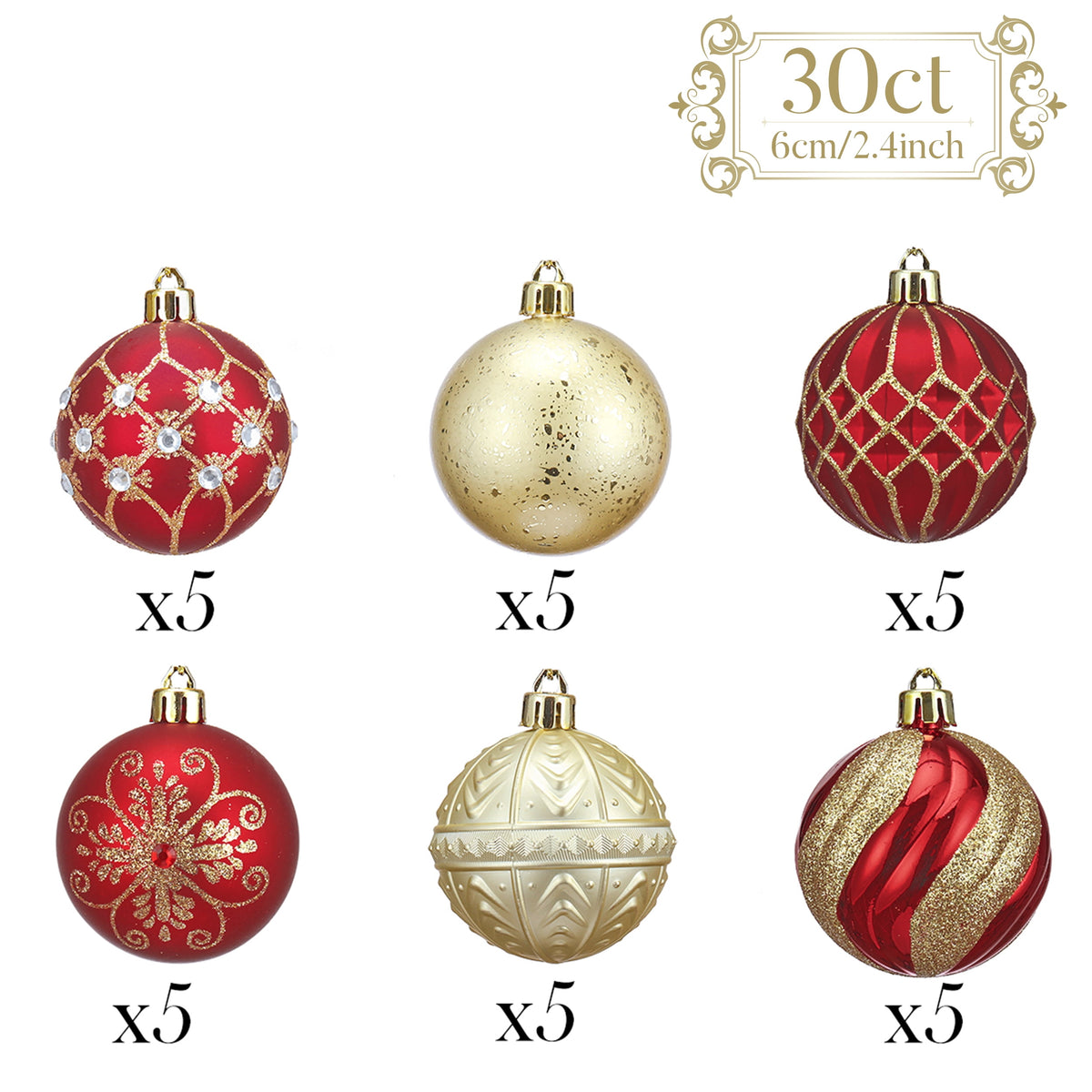 Valery Madelyn 30ct 2.36 inches Luxury Red Gold Christmas Ornaments Shatterproof Christmas Ball Ornaments Hanging Bauble for Christmas Party decoration