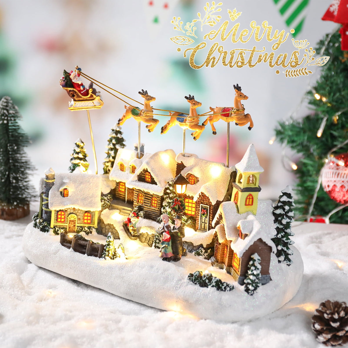 Christmas Village Decor with Rotating Santa & Reindeer,LED Lighting House Crafts Decoration for Home Holiday Christmas Decoration