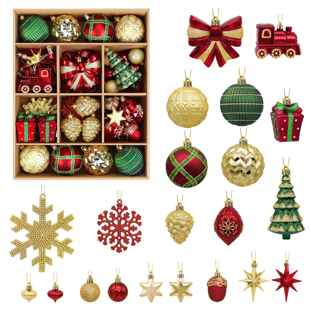  82pcs Christmas Balls Ornaments Set, Shatterproof Plastic Decor for Xmas Tree with Hanging Strings, Gold & Red & Green