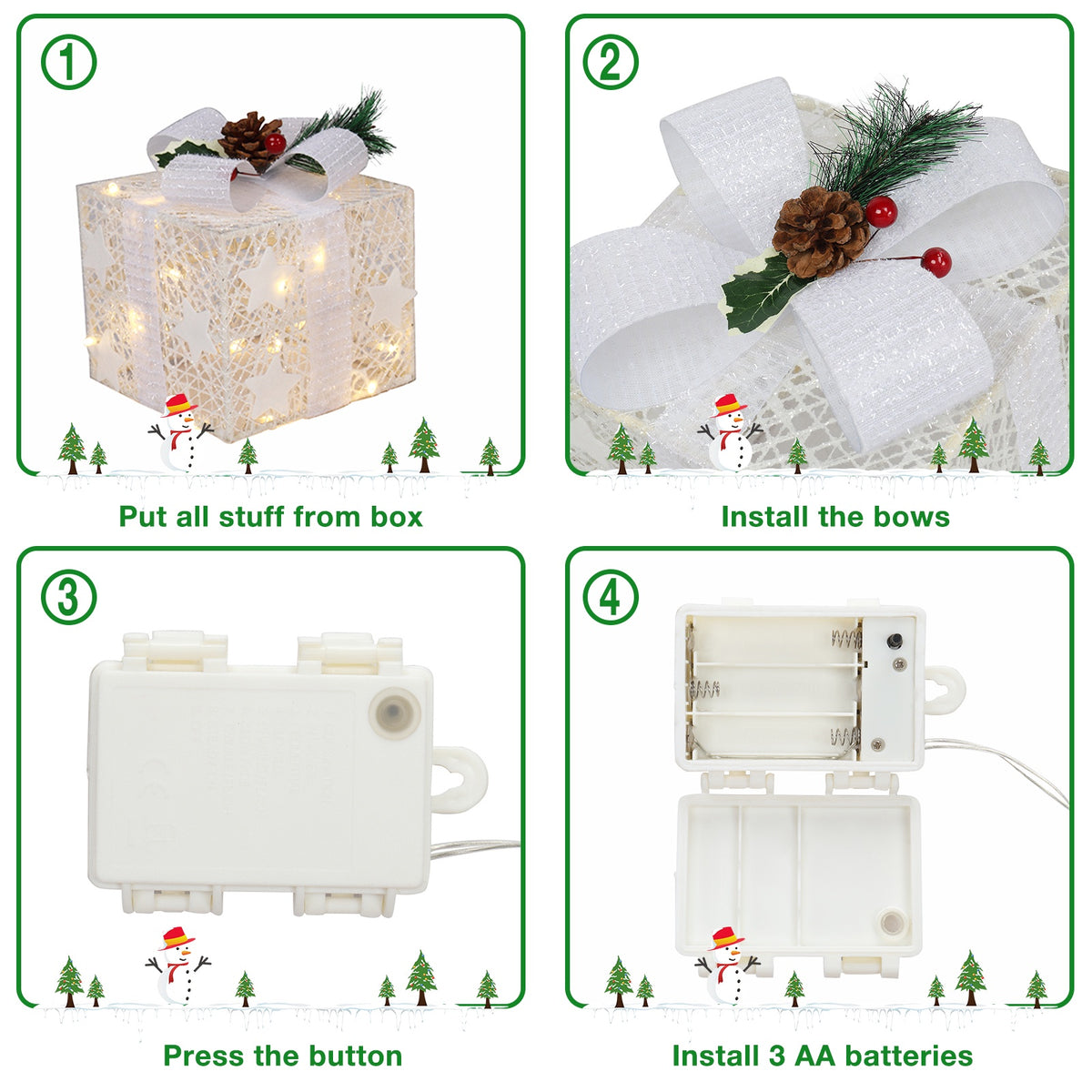 Set of 3 Christmas Lighted Gift Boxes Decorations, Seizeen Indoor Outdoor Xmas Decor with 60 Warm LED Lights, Home Room Garden Christmas Tree Decoration