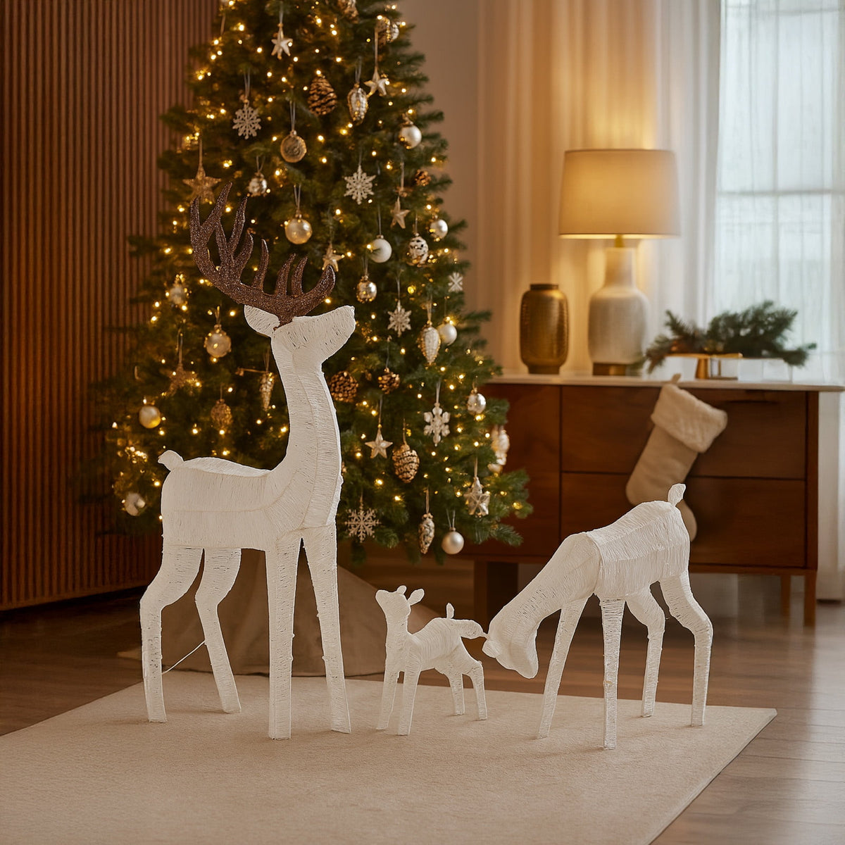 Christmas Decoration for Outdoor, Golden Lighted Christmas Deer Reindeer Family Set, 3 PCS Christmas Ornament with 280 Warm Lights, for Yard Patio Garden Party Home Decor