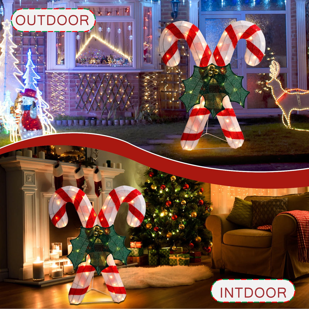 Lighted Christmas Candy Canes Tinsel Decoration,Pre-lit Light Up With Warm LED Light,Christmas Decoration for Indoor Outdoor,Holiday Decoration
