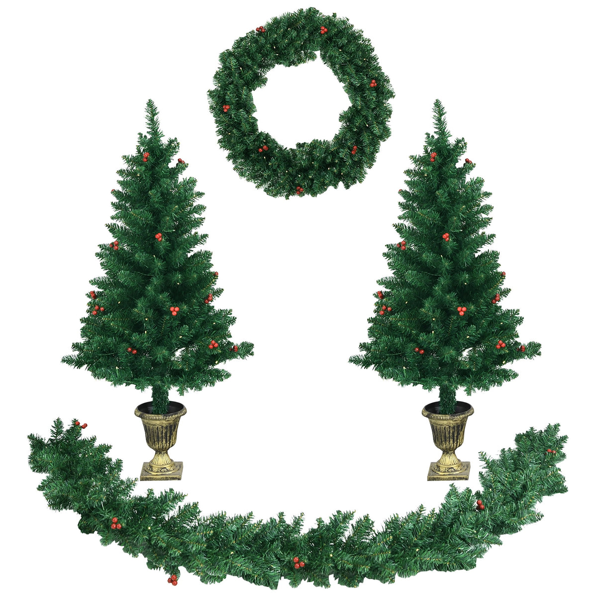 Costway 4pcs Pre-lit Christmas Decoration Set w/ Garland Wreath & Entrance Trees