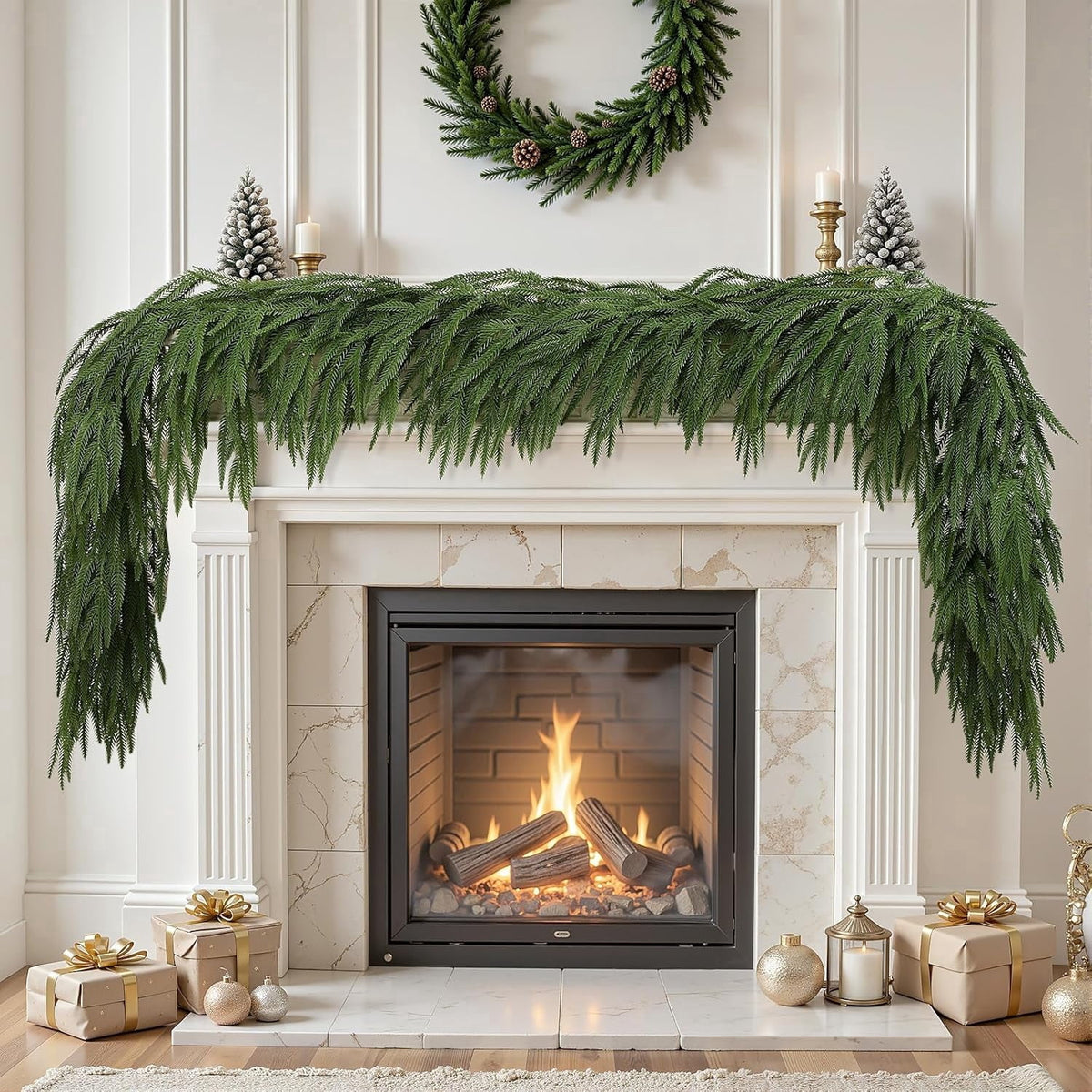  2Pcs 9FT Real Touch PE Christmas Garland, Artificial Norfolk Pine Garland for Mantel, Stair Railing, Christmas Tree, Xmas Decoration for Indoor & Outdoor, Green