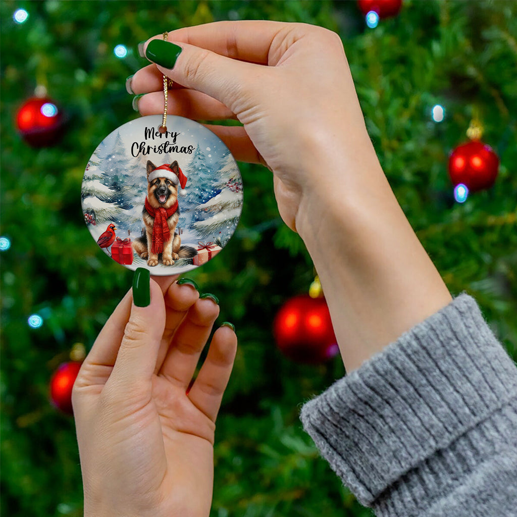 Merry Christmas German Shepherd Enjoys Woofmas Winter Xmas Holiday Ceramic Round Ornament Alsatian Dog Lover Gifts Home Tree Decor - 02022