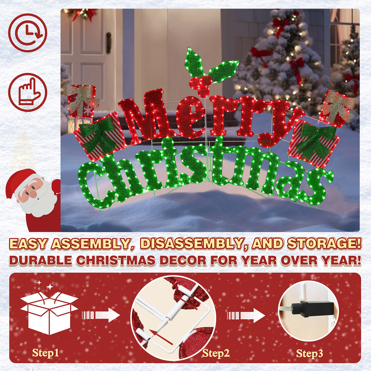 VEIKOUS 6ft Merry Christmas Sign, Lighted Xmas Decorations Indoor & Outdoor W/5-Meter Power Cord for Holiday Backyard Party