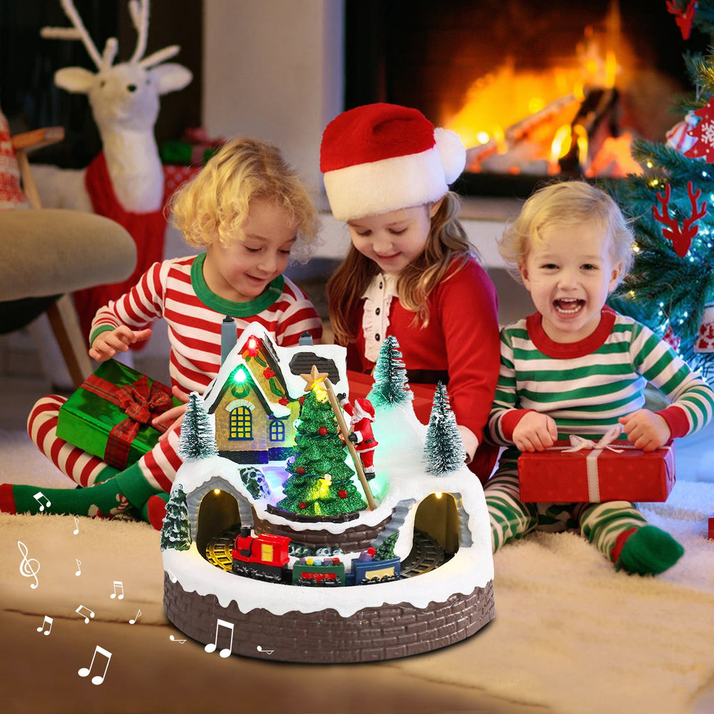 WONDER GARDEN Christmas Village Houses Collectible Buildings - Moving Train Around The Christmas Tree,Warm Light Musical Christmas Ornaments for Christmas Holiday Decorations