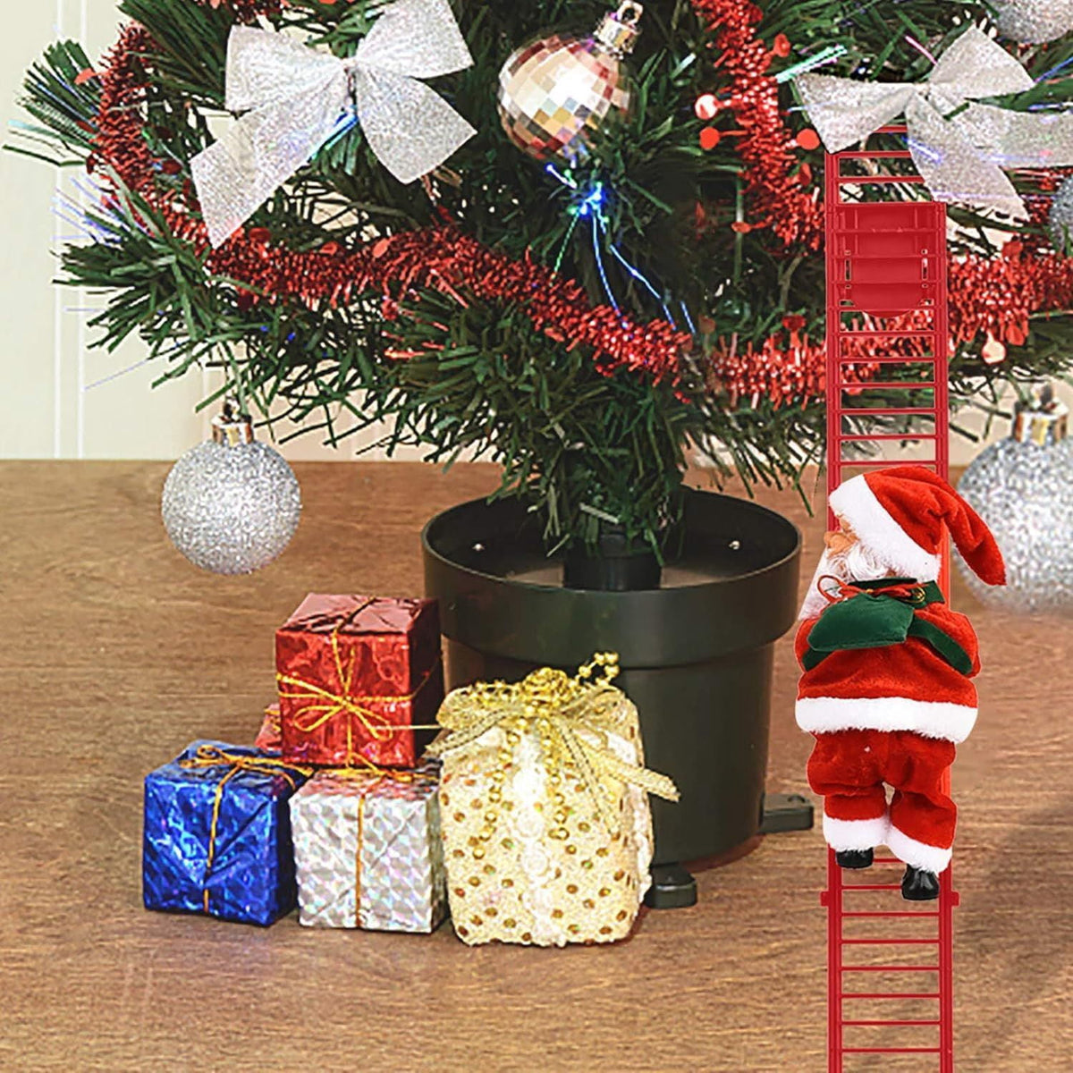 Christmas Electric Climbing Santa with Music & LED Light, Electric Climbing Ladder Santa Claus Doll for Xmas Tree Decorations Hanging Christmas Ornaments Tree Decor Holiday Party Gift