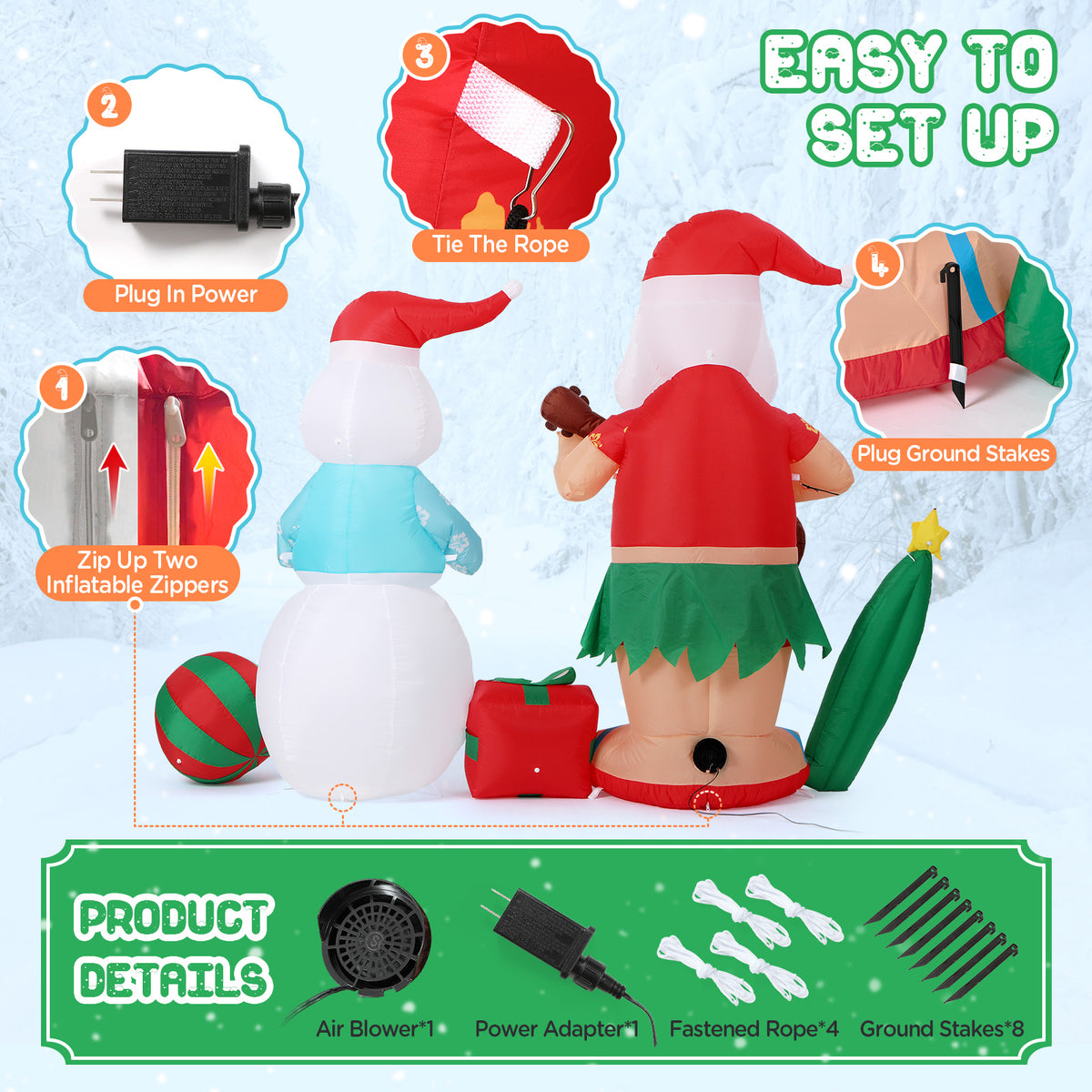 Toiyjofe 8FT Inflatable Santa Claus and Snowman with LED Lights, Christmas Outdoor Yard Decoration with Blower and Stakes
