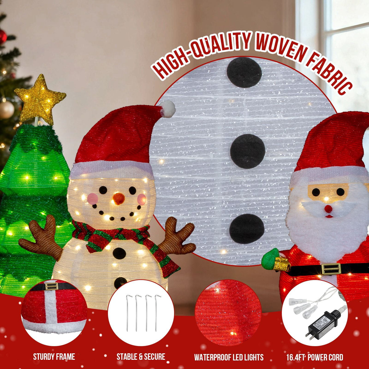 Set of 3 Lighted Santa and Snowman and Xmas Tree Christmas Decorations, Pre-lit Pull Up Holiday Decor with 150 Warm White LED Lights for Xmas Outdoor Indoor Decor Lighted Holiday Displays