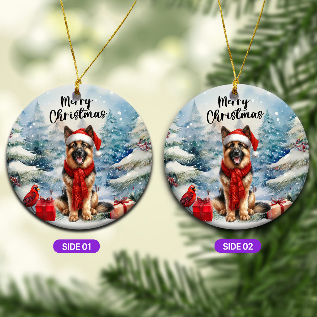 Merry Christmas German Shepherd Enjoys Woofmas Winter Xmas Holiday Ceramic Round Ornament Alsatian Dog Lover Gifts Home Tree Decor - 02022