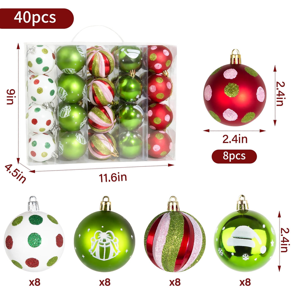 Sinkoo 40pcs Christmas Ornaments for Christmas Tree, 2.4" Glittering Red Green White Christmas Balls, Shatterproof Hanging Decor for Home Party Decor