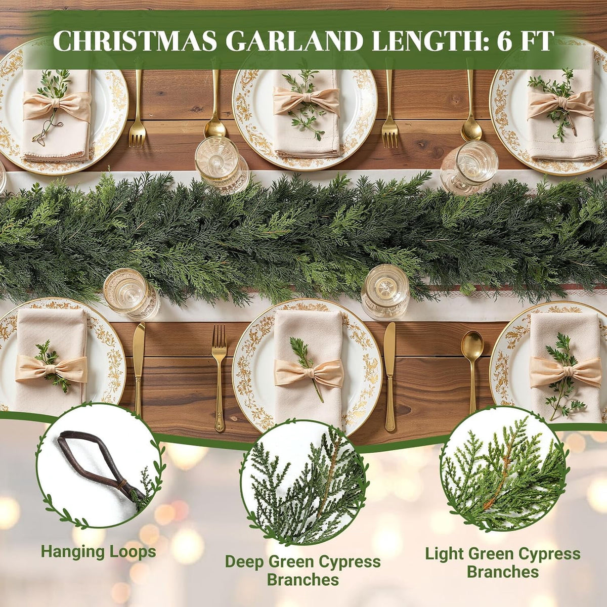  2Pcs 6FT Artificial Christmas Cedar Garland, Realistic Faux Cypress Greenery Garland for Mantel, Stair Railing, Christmas Tree, Perfect Choice for Xmas Decoration