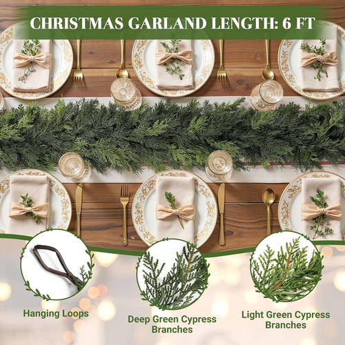  2Pcs 6FT Artificial Christmas Cedar Garland, Realistic Faux Cypress Greenery Garland for Mantel, Stair Railing, Christmas Tree, Perfect Choice for Xmas Decoration